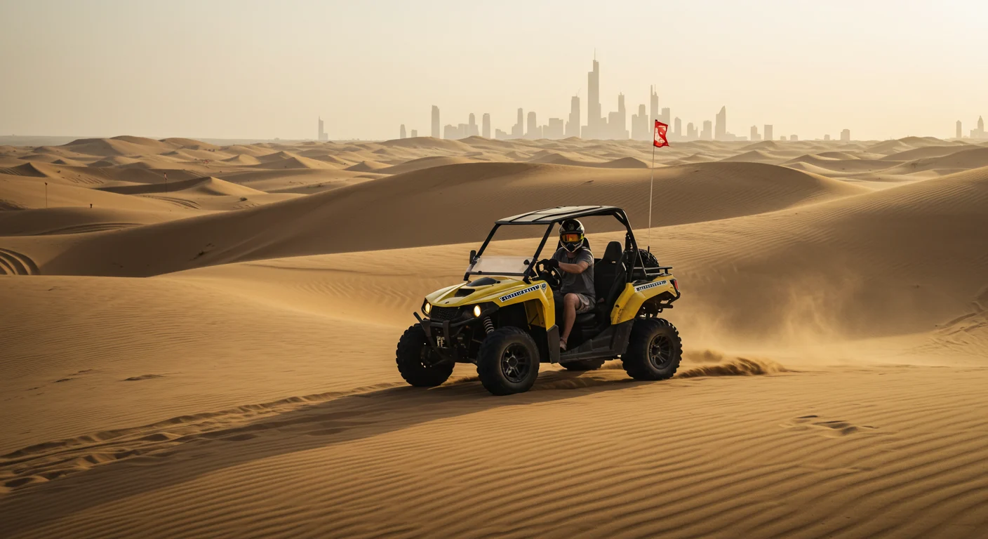 Rider on a self-drive quad bike crossing golden Dubai desert dunes at sunset