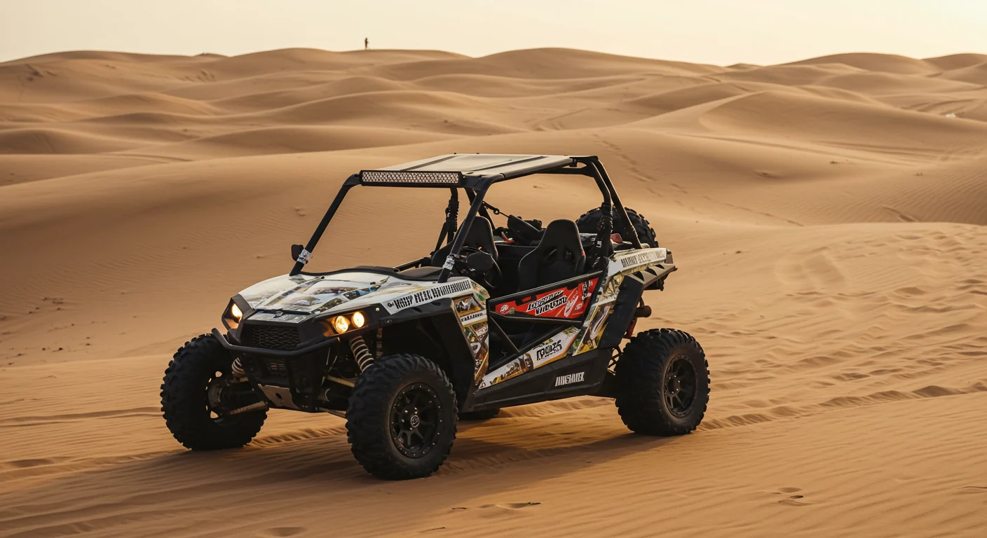 Self-drive dune buggy on golden Sharjah desert dunes during an evening safari at sunset