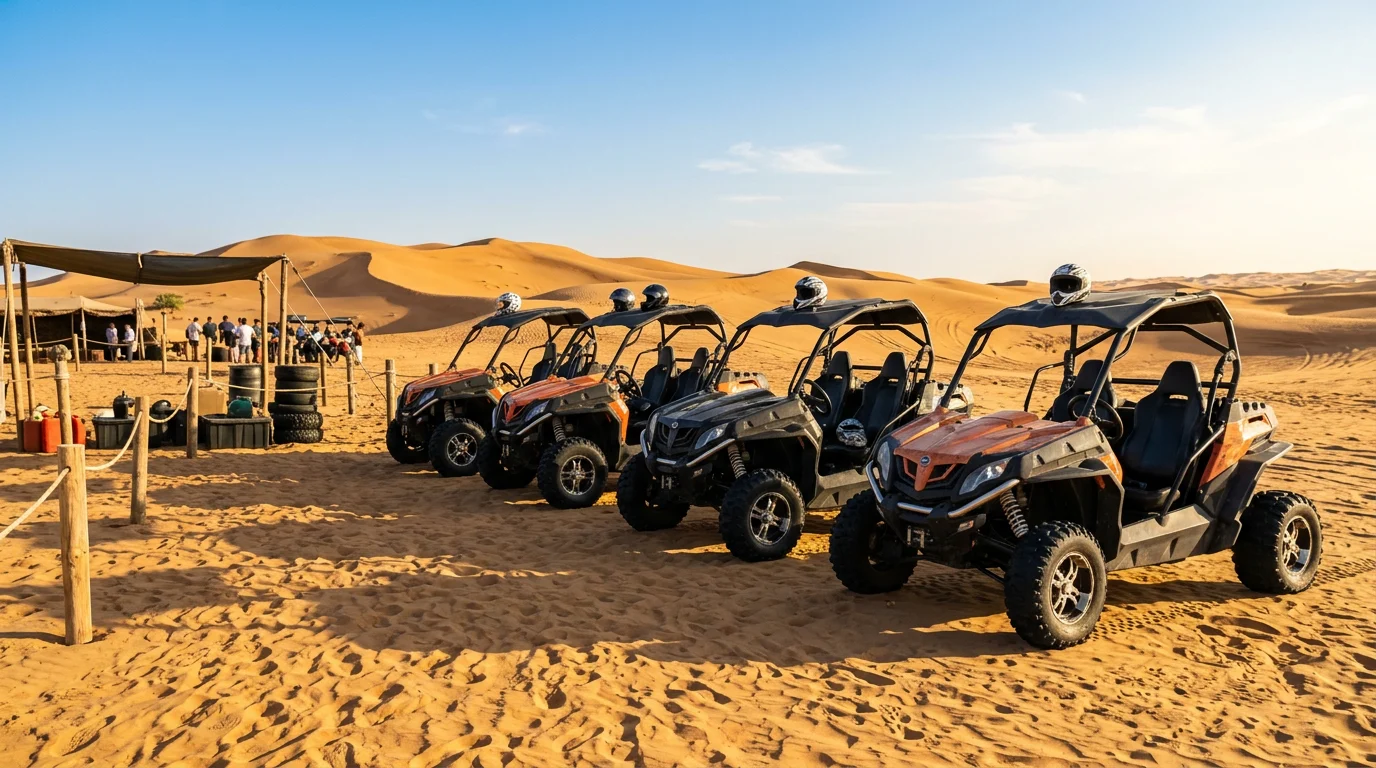 Row of open two-seat dune buggies with helmets on the seats at a Dubai desert rental camp