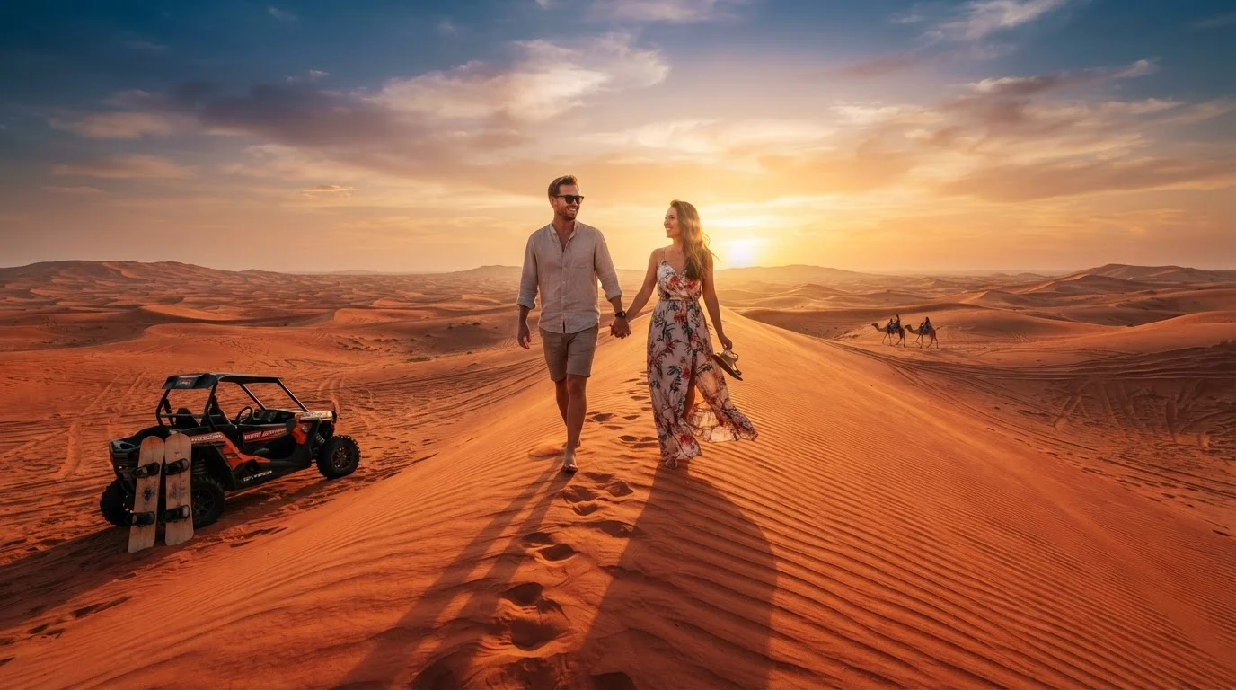 Couple walking on a Dubai red dune ridge at sunset during a desert shoot, with a dune buggy parked below
