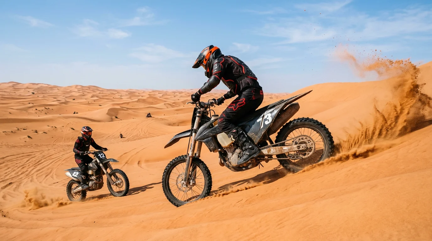 Rider on a rented dirt bike climbing an orange dune with a guide behind during a bike rental in Dubai