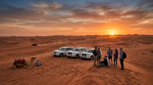 Tourists watching the sunset beside 4x4 vehicles and a camel on a Dubai desert safari