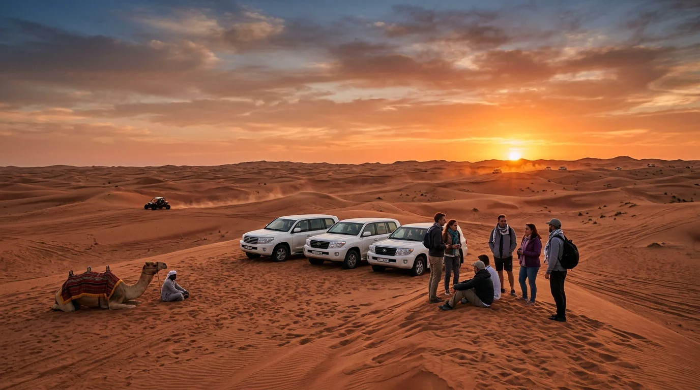 Tourists watching the sunset beside 4x4 vehicles and a camel on a Dubai desert safari
