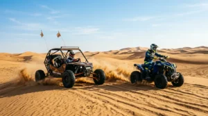 Dune buggy and quad bike racing side by side across golden dunes in the Dubai desert