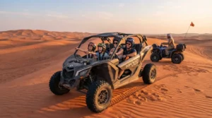 Parents and two kids in helmets in a four-seat buggy on a family dune buggy adventure in Dubai at golden hour