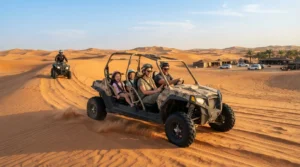 Family riding a four-seat dune buggy, one of the top activities in Dubai for family desert vacations