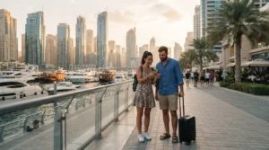 First-time visitors with a suitcase checking a map on a Dubai Marina waterfront promenade in the late afternoon