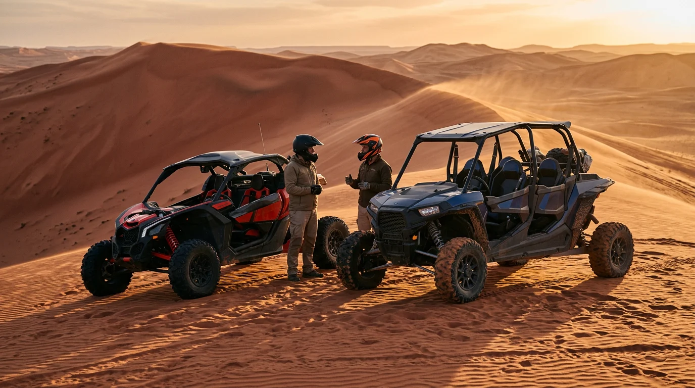 Two-seat and four-seat dune buggies parked side by side on the Lahbab red dunes in Dubai at golden hour
