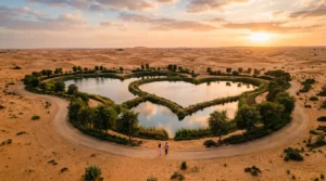 Couple walking beside the heart-shaped Love Lake in the Al Qudra desert of Dubai at golden hour