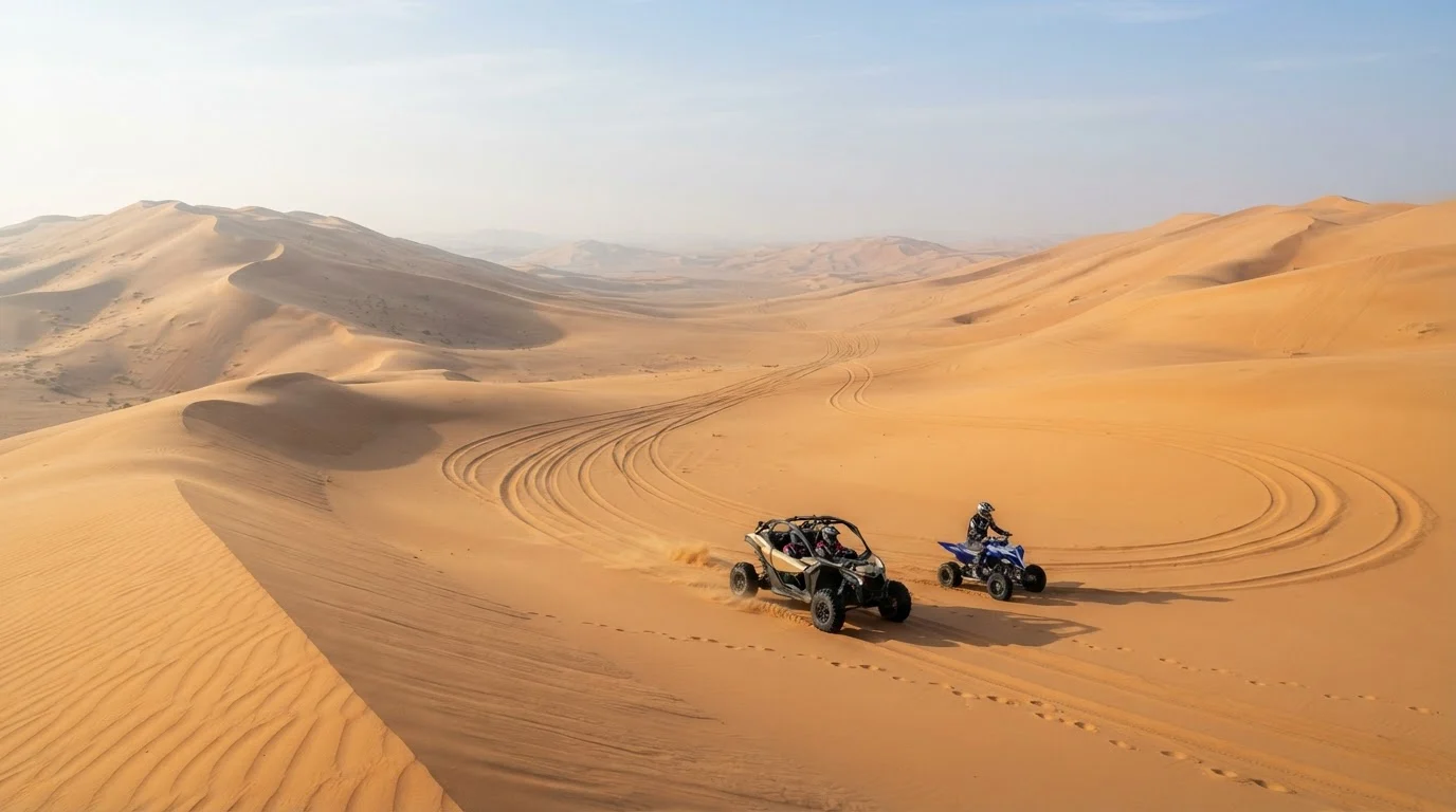 Dune buggy and quad bike on a morning desert safari across wide Abu Dhabi dune valleys