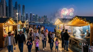 Crowds at an open-air Dubai festival market at dusk with fireworks over the waterfront skyline