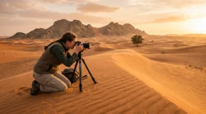 Photographer with a tripod capturing Sharjah desert dunes and rocky outcrops at golden hour