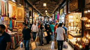Shoppers with bags browsing lantern-lit stalls in a busy Dubai souk during the shopping festival