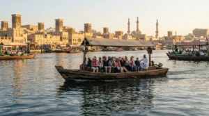 Wooden abra carrying passengers across Dubai Creek on a traditional abra ride at golden hour