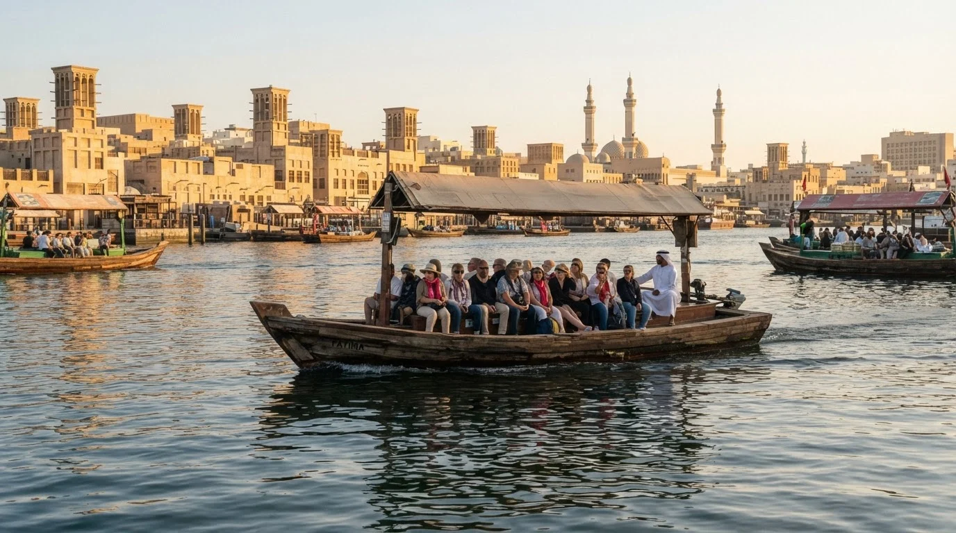 Wooden abra carrying passengers across Dubai Creek on a traditional abra ride at golden hour